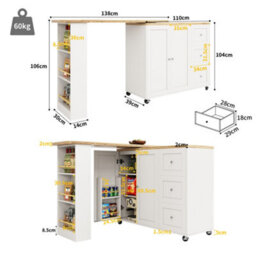 Abrihome White Swivel Bar Table W/ 3 Drawers, Snack Rack & Castors Multifunctional Storage Island For Kitchen Room (138-209X39X106Cm) - thumbnail 3