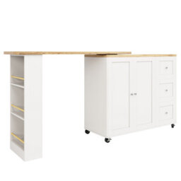 Abrihome White Swivel Bar Table W/ 3 Drawers, Snack Rack & Castors Multifunctional Storage Island For Kitchen Room (138-209X39X106Cm) - thumbnail 9