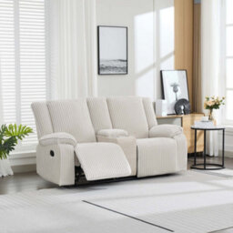 More4Homes Verona 2 Seater Jumbo Cord Manual Recliner Sofa W Drinks Console (Beige) - thumbnail 1