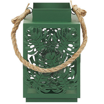 Beliani Lantern 25 Cm Green Metal Lantern With Glass Candle Holder And Monstera Cutouts - image 1