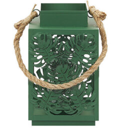 Beliani Lantern 25 Cm Green Metal Lantern With Glass Candle Holder And Monstera Cutouts - thumbnail 1