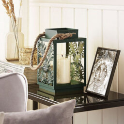 Beliani Lantern 25 Cm Green Metal Lantern With Glass Candle Holder And Monstera Cutouts - thumbnail 2