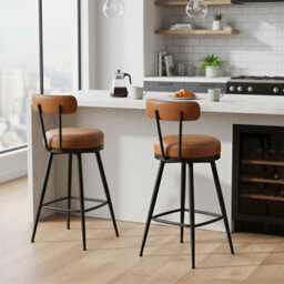 Ledrem Swivel Counter Stools, Set Of 2, Bar Chairs With Backs, Mid-Century Modern, Synthetic Leather, Kitchen, Brown