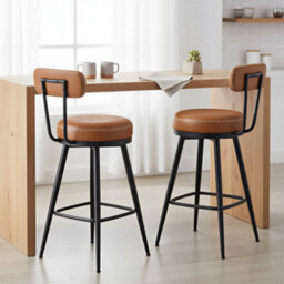 Ledrem Swivel Counter Stools, Set Of 2, Bar Chairs With Backs, Mid-Century Modern, Synthetic Leather, Kitchen, Brown - thumbnail 2