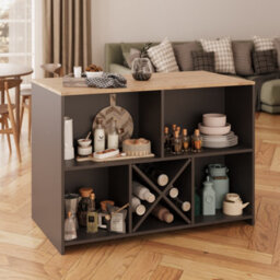Kitchen Island With Storage, 127 Freestanding Unit With Open Shelving And Wine Rack, Modern Dining Island (Oak&anthracite, Monet)