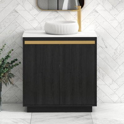 Royal Bathrooms Orion 800mm Hale Black Floor Standing Plain White Countertop Vanity Unit 2 Door With Milan Basin & Brushed Brass Accent Trim - image 1