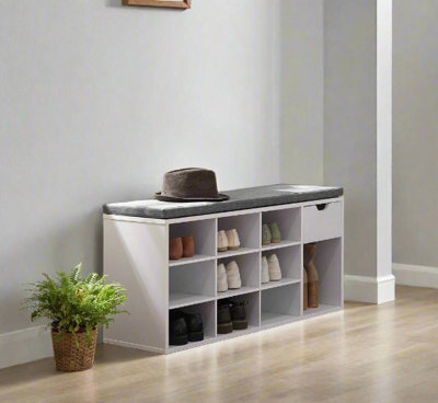 Modcraft Shoe Storage Bench With Cushion, Drawer & Open Compartments For Hallway And Bedroom - image 1