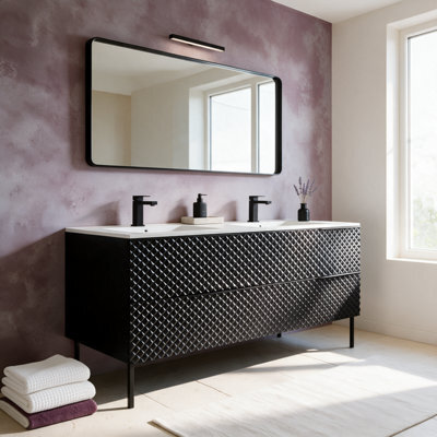Bathroom City Elvia 1200mm Black Double Basin Vanity Unit - Large Diamond Front Cabinet With Soft-Close Storage Drawers - Black Handles - image 1