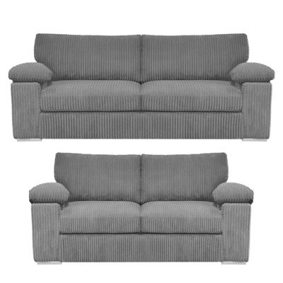Furnishings For Less UK Delta Fabric Sofa Suite Padded Arms Jumbo Cord 3 And 2 Seater Grey