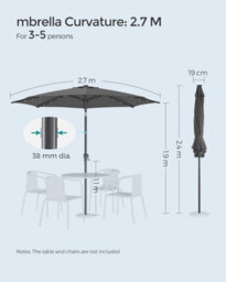 Songmics Garden Parasol Umbrella, 32 Solar Powered Led Lights, Dual-Tilt System, Outdoor Terrace Pool Balcony, Without Base, Grey - thumbnail 2