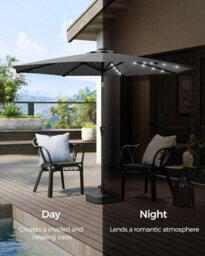 Songmics Garden Parasol Umbrella, 32 Solar Powered Led Lights, Dual-Tilt System, Outdoor Terrace Pool Balcony, Without Base, Grey - thumbnail 3