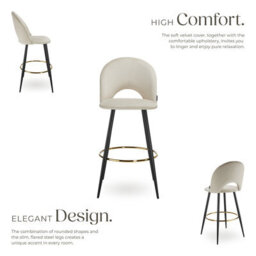 Tectake Bar Stool Rachel With Backrest And Velvet Look Cover, 49 X 58 X 110 Cm - Cream/black, Set Of 6 - thumbnail 3