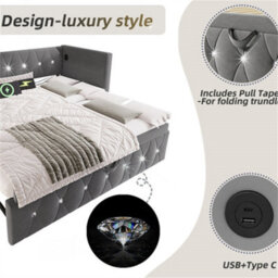 Abrihome 3Ft Single Bed 90X190Cm With Trundle, Daybed Single Upholstered Bed Sofa Bed With Usb &type C Charging Sations, Velvet ,grey - thumbnail 3