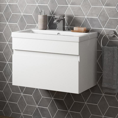 Affine 600mm Bathroom Vanity Unit Basin Storage Wall Hung Cabinet Furniture White Gloss - image 1