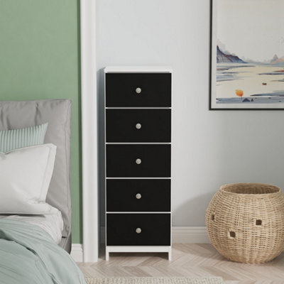 Portland 5 Drawer Tall Bedside Cabinet In Black & White Matt (Ready Assembled) - image 1