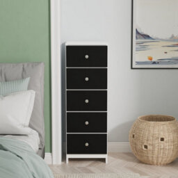Portland 5 Drawer Tall Bedside Cabinet In Black & White Matt (Ready Assembled) - thumbnail 1
