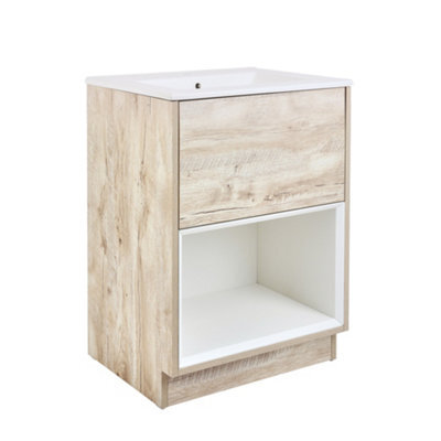 Homestylestore Light Oak 612mm Bathroom Vanity Unit Open Shelf And Chalk Basin - image 1
