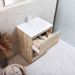 Homestylestore Light Oak 612mm Bathroom Vanity Unit Open Shelf And Chalk Basin - thumbnail 2