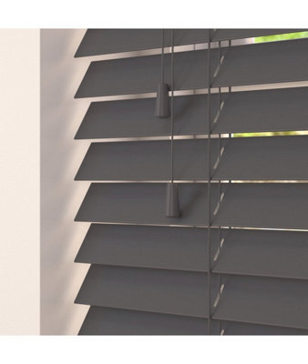 Smooth Finish Faux Wood Venetian Blinds With Strings 120Cm Drop X 70Cm Width Slate Smooth