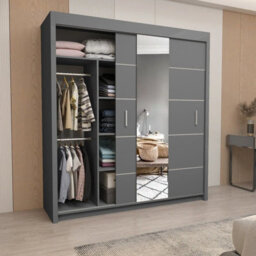 Oslo Wardrobe With Rails & Shelves Sliding Door Wardrobe ( Grey, 150 Cm ) - thumbnail 2