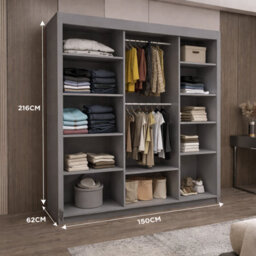 Oslo Wardrobe With Rails & Shelves Sliding Door Wardrobe ( Grey, 150 Cm ) - thumbnail 3