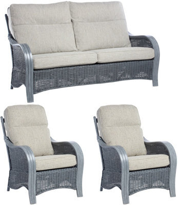Desser Turin Grey 3 Seater Sofa & 2 Armchairs Indoor Real Cane Rattan Conservatory Suite With Uk Manufactured Cushions In Pebble