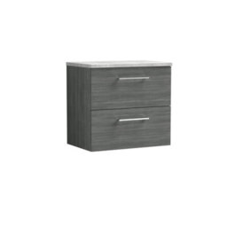 Balterley Bramshall 600mm Wall Hung 2 Drawer Vanity Unit With Laminate Worktop For Modern Bathroom Storage - Anthracite Woodgrain - thumbnail 1