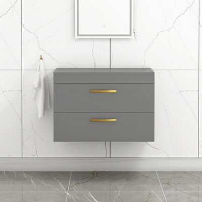 Royal Bathrooms 800mm Wall Hung Vanity Unit 2 Drawer Indigo Gloss Grey - Storage Cabinetwith Brushed Brass Handle - image 1