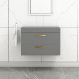 Royal Bathrooms 800mm Wall Hung Vanity Unit 2 Drawer Indigo Gloss Grey - Storage Cabinetwith Brushed Brass Handle - thumbnail 1