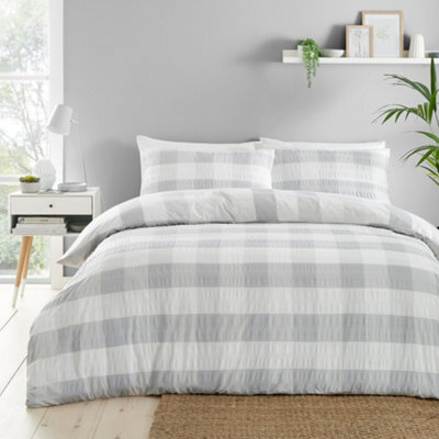 Fusion Seersucker Gingham Textured Silver Duvet Cover Set - image 1