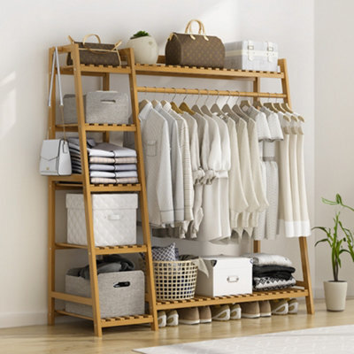 Living And Home Bamboo Bedroom Garment Open Clothes Rack With Storage Shelf, Hanging Rail And Side Hooks Natural Colour - image 1