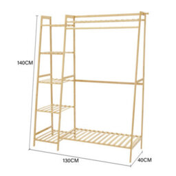 Living And Home Bamboo Bedroom Garment Open Clothes Rack With Storage Shelf, Hanging Rail And Side Hooks Natural Colour - thumbnail 9