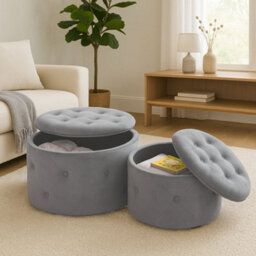 Aspect Furniture Valeria Set Of 2 Round Storage Ottoman/footrest Stool ,light Grey - thumbnail 2