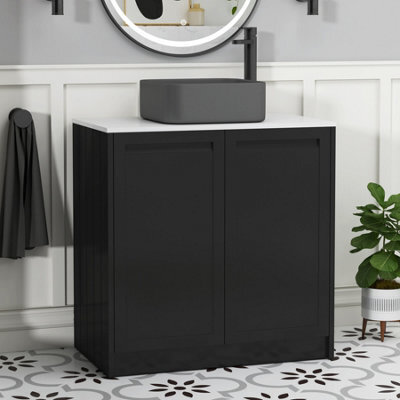 Royal Bathrooms Royal Bathroom Elmore 800mm Nocturne Black Freestanding Bathroom Vanity Unit 2 Door Plain White Worktop With Art Square Basin - image 1