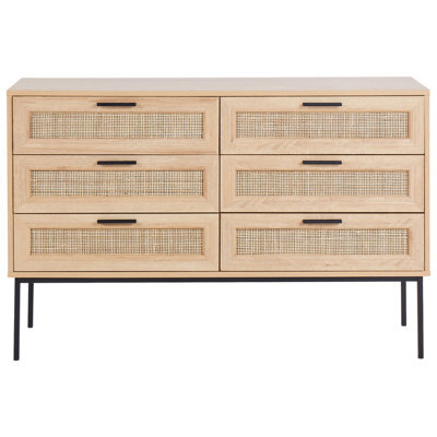 Wyld And Coco Rattan Chest Of Drawers, Six-Drawer Light Wood Cabinet With Black Metal Frame And Hairpin Legs - image 1
