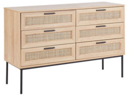 Wyld And Coco Rattan Chest Of Drawers, Six-Drawer Light Wood Cabinet With Black Metal Frame And Hairpin Legs - thumbnail 3