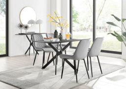 Furniturebox Uk Leonardo Grey Glass Marble Effect Black Leg Table & 4 Grey Pesaro Black Leg Chairs - thumbnail 1