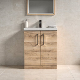 Balterley Bramshall Contemporary Bathroom Floor Standing 2-Door Vanity & Basin, Bleached Oak, 600mm - thumbnail 2