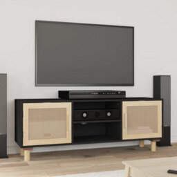 Vidaxl Tv Cabinet Black 105X30X40 Cm Solid Wood Pine&natural Rattan