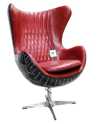 Aviator Stealth Swivel Egg Chair Black Aluminium Distressed Vintage Red Rouge Real Leather - image 1