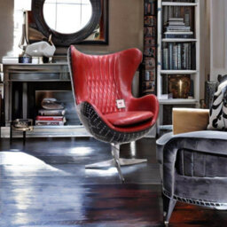 Aviator Stealth Swivel Egg Chair Black Aluminium Distressed Vintage Red Rouge Real Leather - thumbnail 2