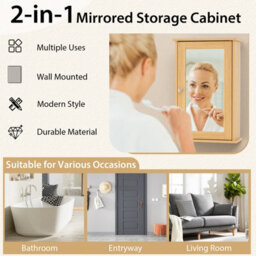 Costway Bathroom Medicine Cabinet Wall Mounted Mirror Cabinet W/ Single Door-Natural - thumbnail 9