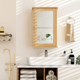Costway Bathroom Medicine Cabinet Wall Mounted Mirror Cabinet W/ Single Door-Natural