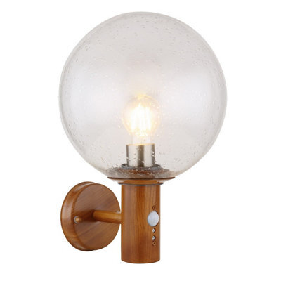 Luminosa Lighting Luminosa Ossy Pir Globe Wall Lights Wood Look Ip44 Clear With Air Bubbles Glass Shade 1X E27 Dawn Dusk Sensor - image 1