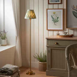 Luminosa Lighting Luminosa Burley Rechargeable Brushed Aged Brass Plate Floor Lamp With Cotswold Green Fabric Zigzag Shade 25Cm Integrated Led - thumbnail 2