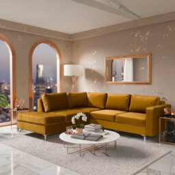 Orlando Velvet Upholstered Corner Sofa With Metal Legs Decorative Cushions Included 2355X212X85Cm Mustard Left - thumbnail 1