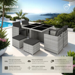 Tectake Garden Table & Chairs Manhattan - 8 Seats With Cushions, Dining Table, Rain Cover - Light Grey - thumbnail 2
