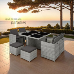 Tectake Garden Table & Chairs Manhattan - 8 Seats With Cushions, Dining Table, Rain Cover - Light Grey - thumbnail 8