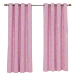 Deconovo Window Treatment Eyelet Room Darkening Curtains, Gold Wave Foil Printed Blackout Curtains, W52 X L84 Inch, Pink, 1 Pair - thumbnail 1