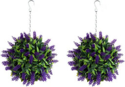 Pair Of Best Artificial 24Cm Purple Lush Lavender Hanging Basket Flower Topiary Ball - Weather & Fade Resistant